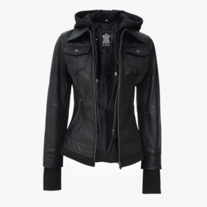 Hooded Lambskin Leather Bomber Jacke