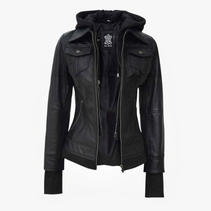 Hooded Lambskin Leather Bomber Jacke