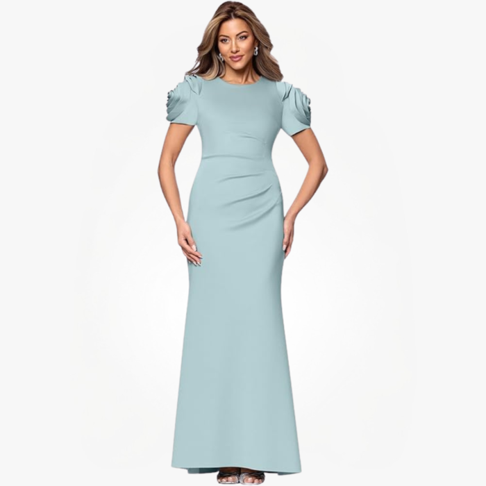 Women’s Scuba Crew Neck Floral Sleeve Ruched Floor Length Dress