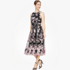 Women’s Sleeveless Embroidered Midi Dress with Tie Belt