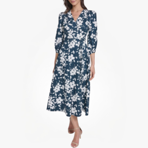 Women’s Sleeve V Neck Cotton Faux Wrap Midi Dress