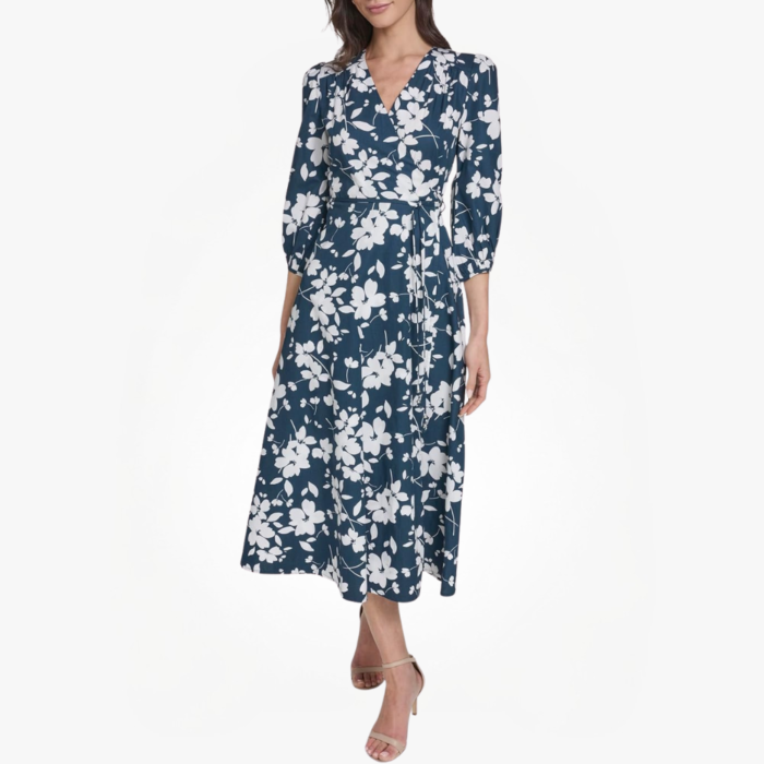 Women’s Sleeve V Neck Cotton Faux Wrap Midi Dress